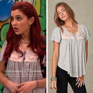 Free People Short Sleeve Boho Floral Lace Neck Blouse ASO Cat Valentine